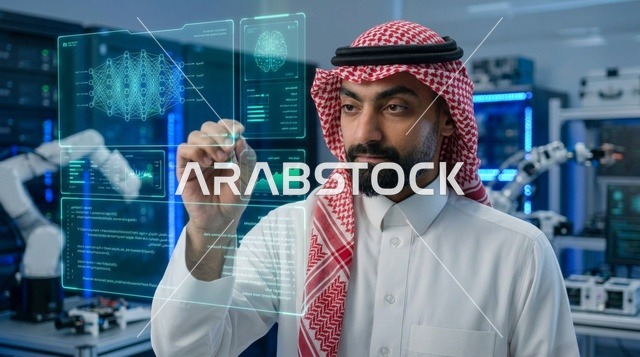 Saudi Engineer Interacting with Holographic Screen in Lab