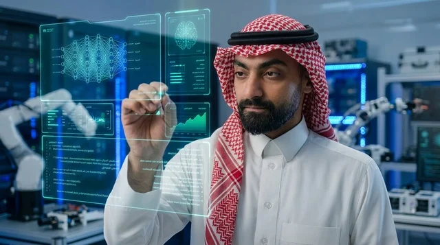 مهندس سعودي يتفاعل مع شاشة هولوغرام ذكية في مختبر تقني