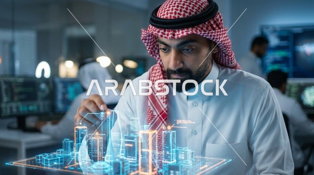Saudi Engineer Interacting with Futuristic Smart City Hologram