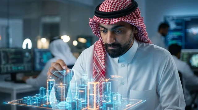 Saudi Engineer Interacting with Futuristic Smart City Hologram