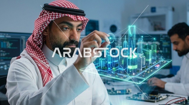Saudi Engineer Viewing Smart City Hologram in Tech Lab
