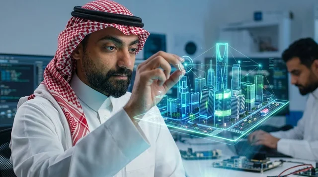 Saudi Engineer Viewing Smart City Hologram in Tech Lab