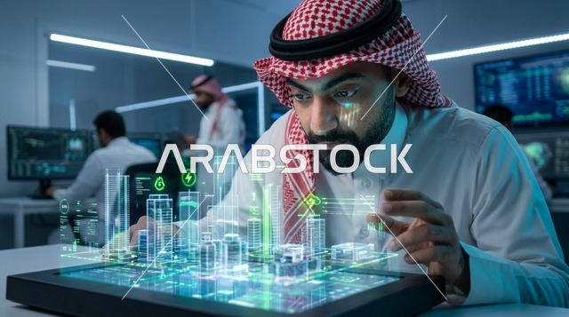 مهندس سعودي يتفحص مجسم مدينة ذكية ثلاثي الأبعاد