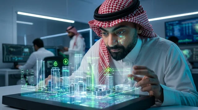 Saudi Engineer Examining Smart City Hologram in Office