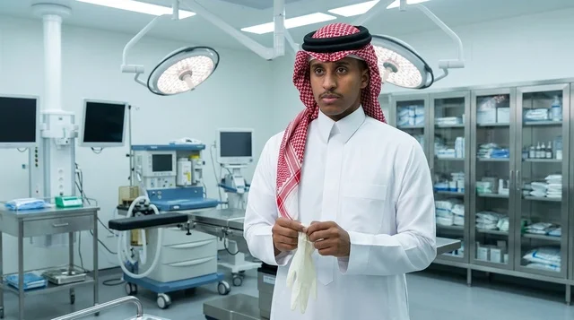 طبيب سعودي يمسك قفازات في غرفة العمليات الحديثة
