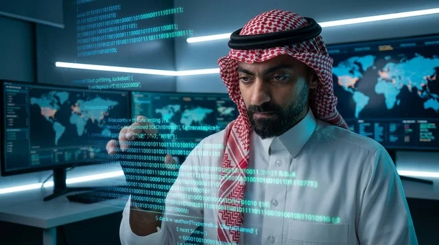 متخصص تقنية معلومات سعودي يتفاعل مع هولوغرام برمجي
