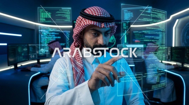 متخصص تقنية معلومات سعودي يتفاعل مع هولوغرام برمجي