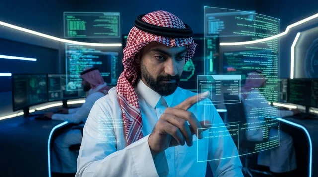 متخصص تقنية معلومات سعودي يتفاعل مع هولوغرام برمجي
