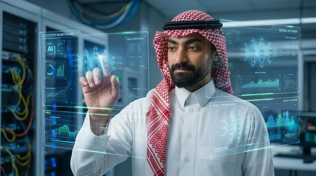 متخصص تقنية معلومات سعودي يتفاعل مع شاشة هولوغرام