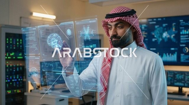 مهندس سعودي يتفاعل مع واجهة هولوغرام للدماغ في مختبر