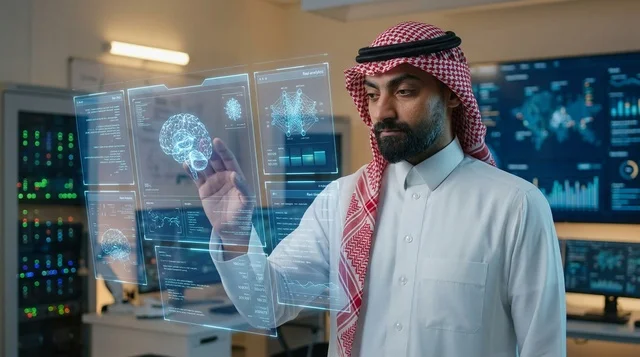 Saudi Man Interacting with Holographic Brain Interface