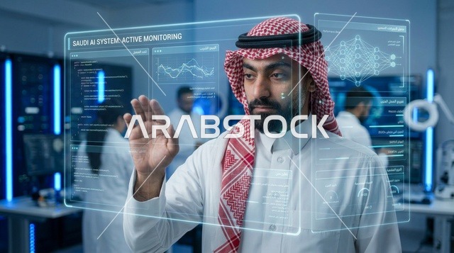 عالم سعودي يتفاعل مع نظام هولوغرافي للذكاء الاصطناعي