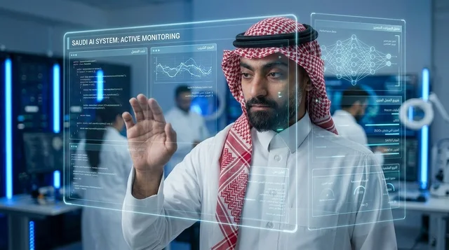 عالم سعودي يتفاعل مع نظام هولوغرافي للذكاء الاصطناعي