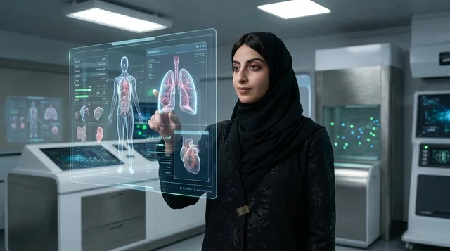 Emirati Doctor Interacting with Holographic Medical Screen