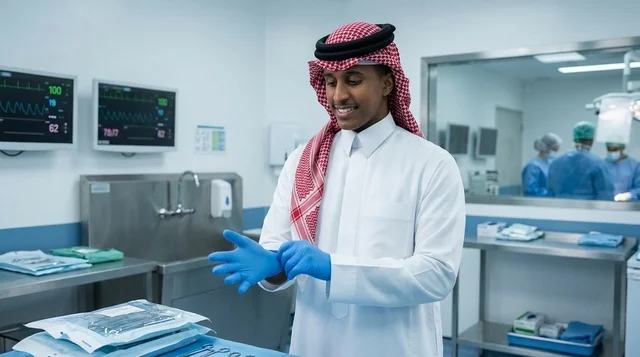 طبيب سعودي بالثوب والشماغ يرتدي قفازات جراحية في المستشفى