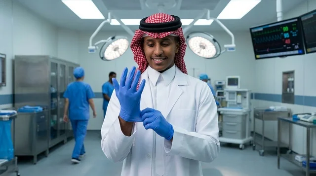 Saudi Doctor Putting on Medical Gloves in Operating Room