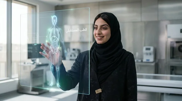 طبيبة سعودية تتفاعل مع هولوغرام طبي رقمي في المختبر