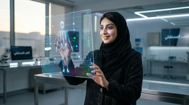 طبيبة سعودية تستخدم شاشة هولوغرام متطورة في مختبر