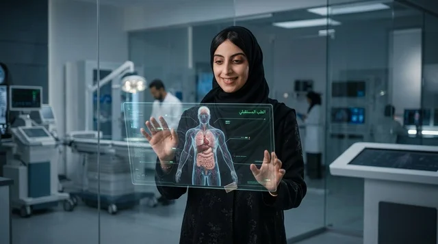 امرأة عربية مع شاشة هولوجرام طبية في مختبر مستقبلي