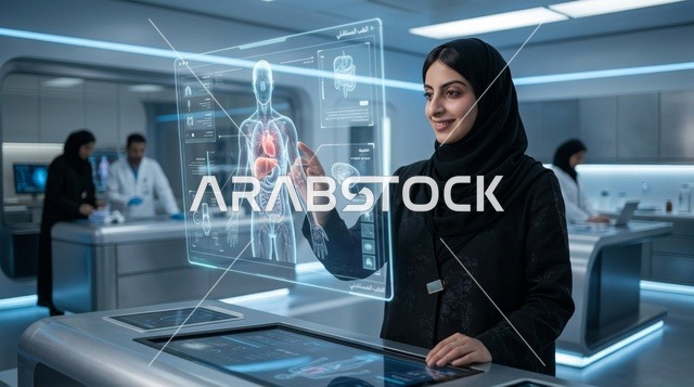عالمة سعودية تتفاعل مع شاشة هولوغرام طبي في المختبر