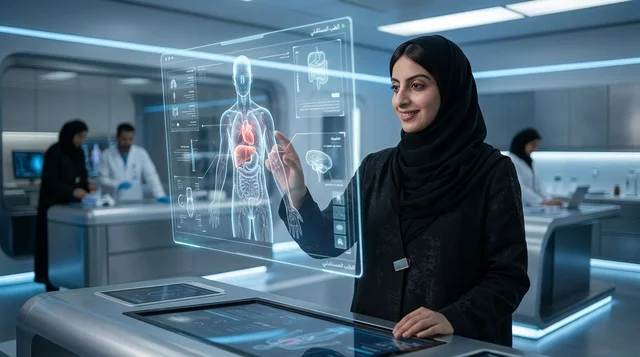 Saudi Female Scientist Interacting with Hologram in Lab