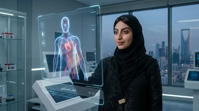 طبيبة سعودية تتفاعل مع شاشة هولوغرام طبي في الرياض