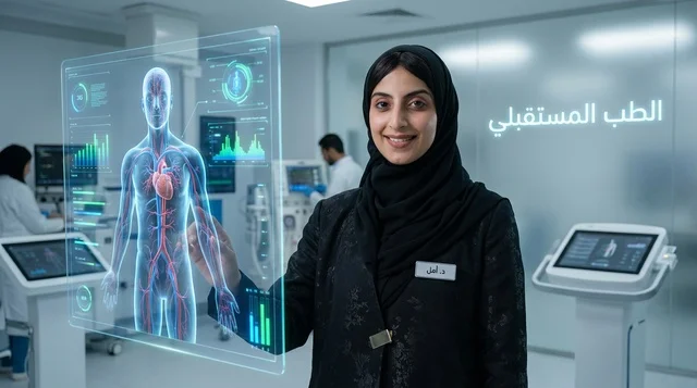 An Arab doctor analyzes a three-dimensional hologram model.
