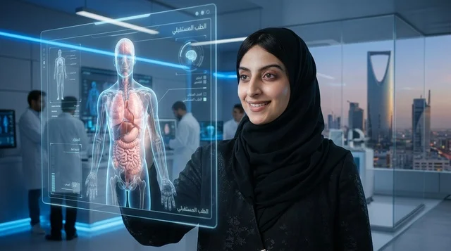 Saudi Female Doctor with Hologram in Riyadh Clinic