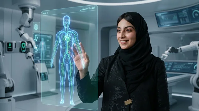 An Arab doctor analyzes a three-dimensional hologram model.