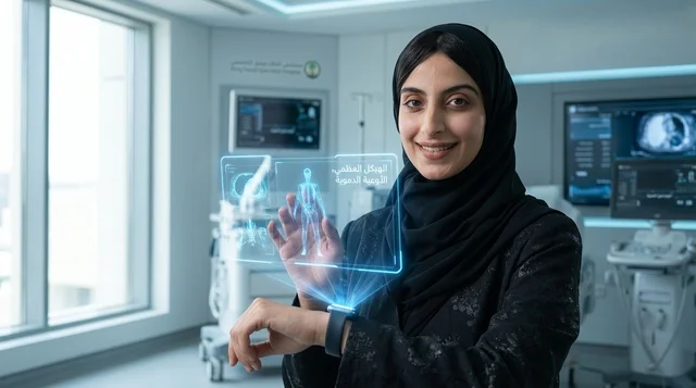 امرأة سعودية تتفاعل مع ساعة ذكية هولوغرامية طبية