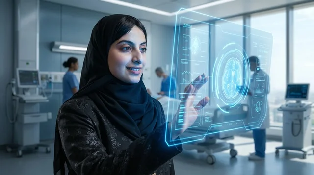 طبيبة سعودية تتفاعل مع شاشة هولوغرام طبية في مستشفى حديث