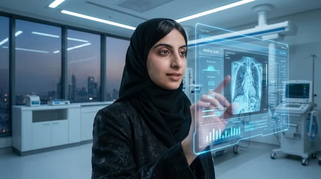 طبيبة سعودية تتفاعل مع شاشة هولوغرام طبية مستقبلية