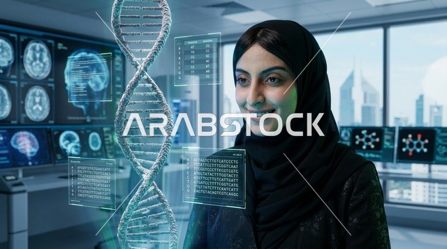 عالمة سعودية تحلل مجسم الحمض النووي الرقمي في المختبر