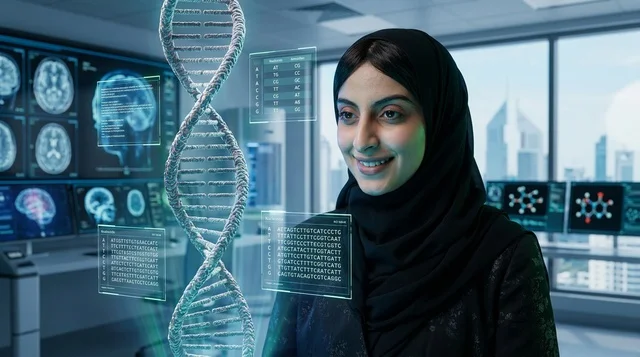 عالمة سعودية تحلل مجسم الحمض النووي الرقمي في المختبر