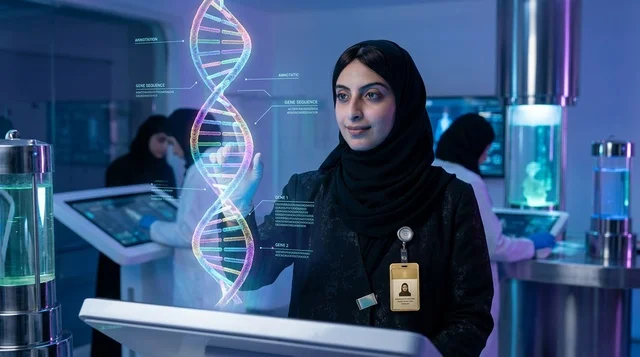 عالمة سعودية تحلل مجسم الحمض النووي في المختبر