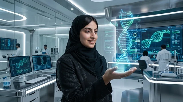 عالمة أبحاث سعودية مع هولوغرام DNA في مختبر متطور