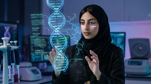 Emirati Female Scientist Examining DNA Hologram in Lab
