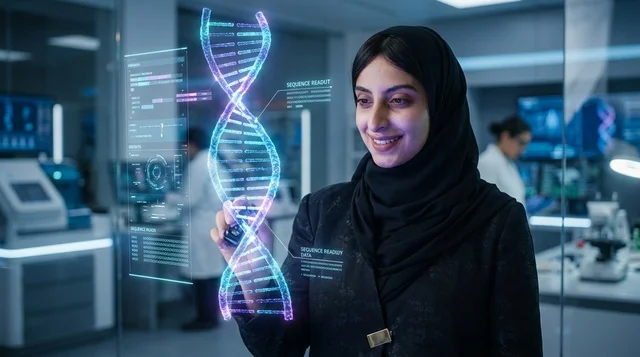 Saudi Female Scientist Interacting with DNA Hologram