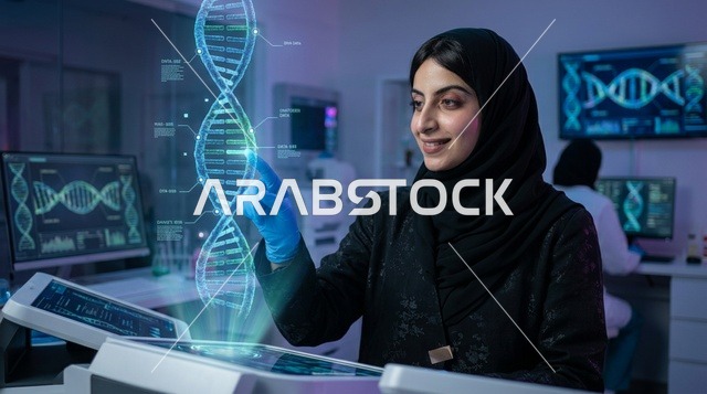 عالمة سعودية تتفاعل مع مجسم ثلاثي الأبعاد للحمض النووي