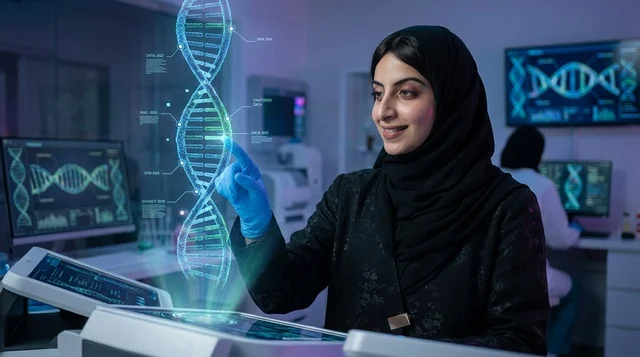 عالمة سعودية تتفاعل مع مجسم ثلاثي الأبعاد للحمض النووي