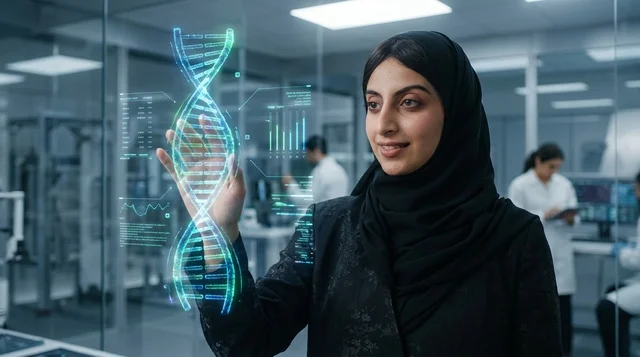 عالمة عربية مع هولوجرام الحمض النووي في المختبر