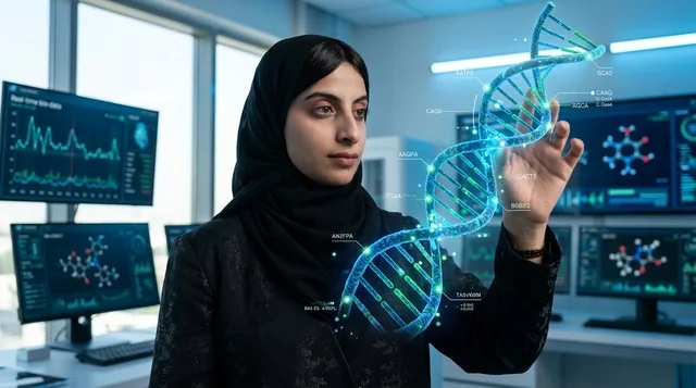 عالمة سعودية تبحث في مجسم هولوغرام الحمض النووي بالمختبر
