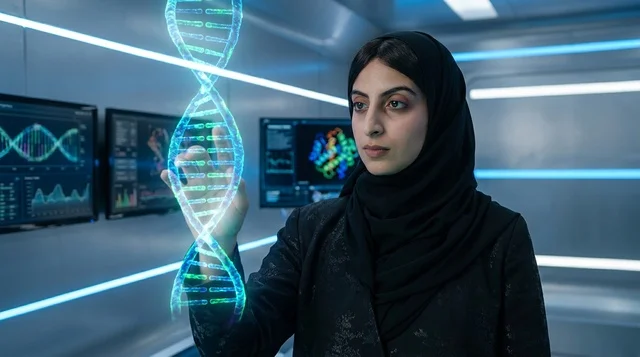 عالمة أبحاث عربية تتفاعل مع هولوغرام الحمض النووي في مختبر