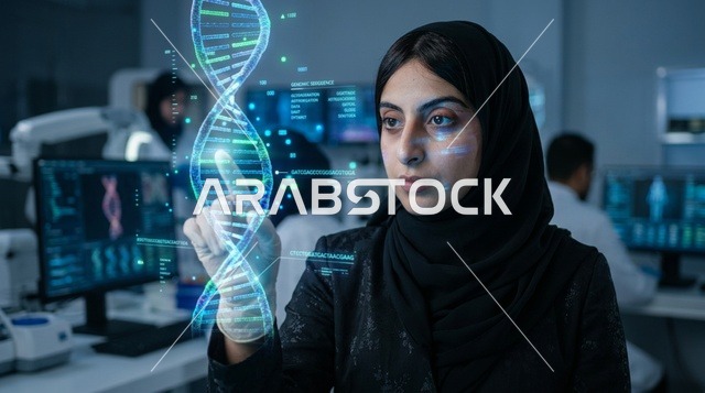 طبيبة عربية تحلل مجسم هولوغرام ثلاثي الأبعاد