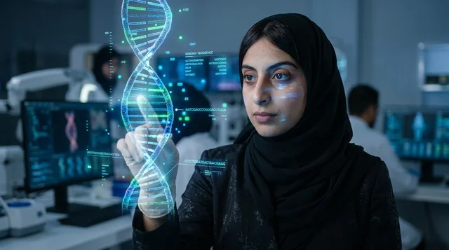 An Arab doctor analyzes a three-dimensional hologram model.