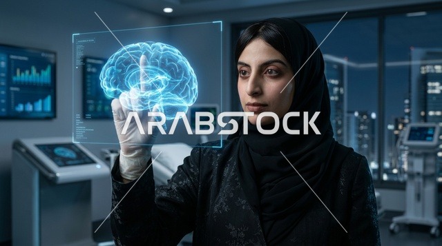 طبيبة عربية تحلل مجسم هولوغرام ثلاثي الأبعاد