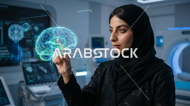 طبيبة سعودية تحلل مجسم ثلاثي الأبعاد للدماغ في المختبر
