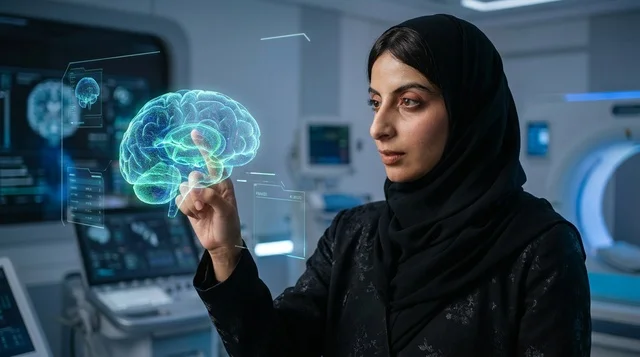 Saudi Female Scientist Analyzing 3D Brain Hologram in Lab