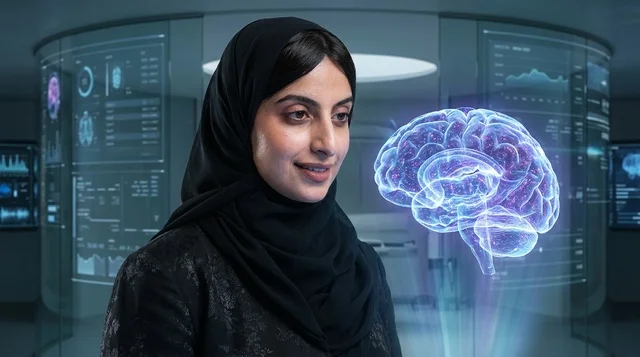 Saudi Woman Scientist with Holographic Brain in Lab