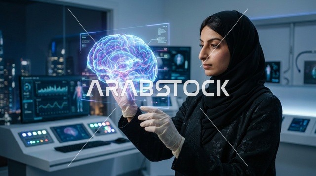 طبيبة عربية تحلل مجسم هولوغرام ثلاثي الأبعاد